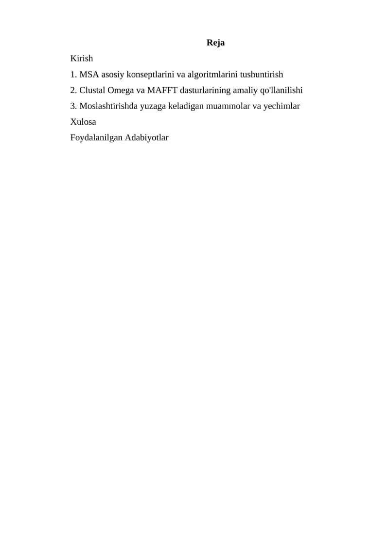 Multiple Sequence Alignment (MSA) va Moslashtirish Usullari