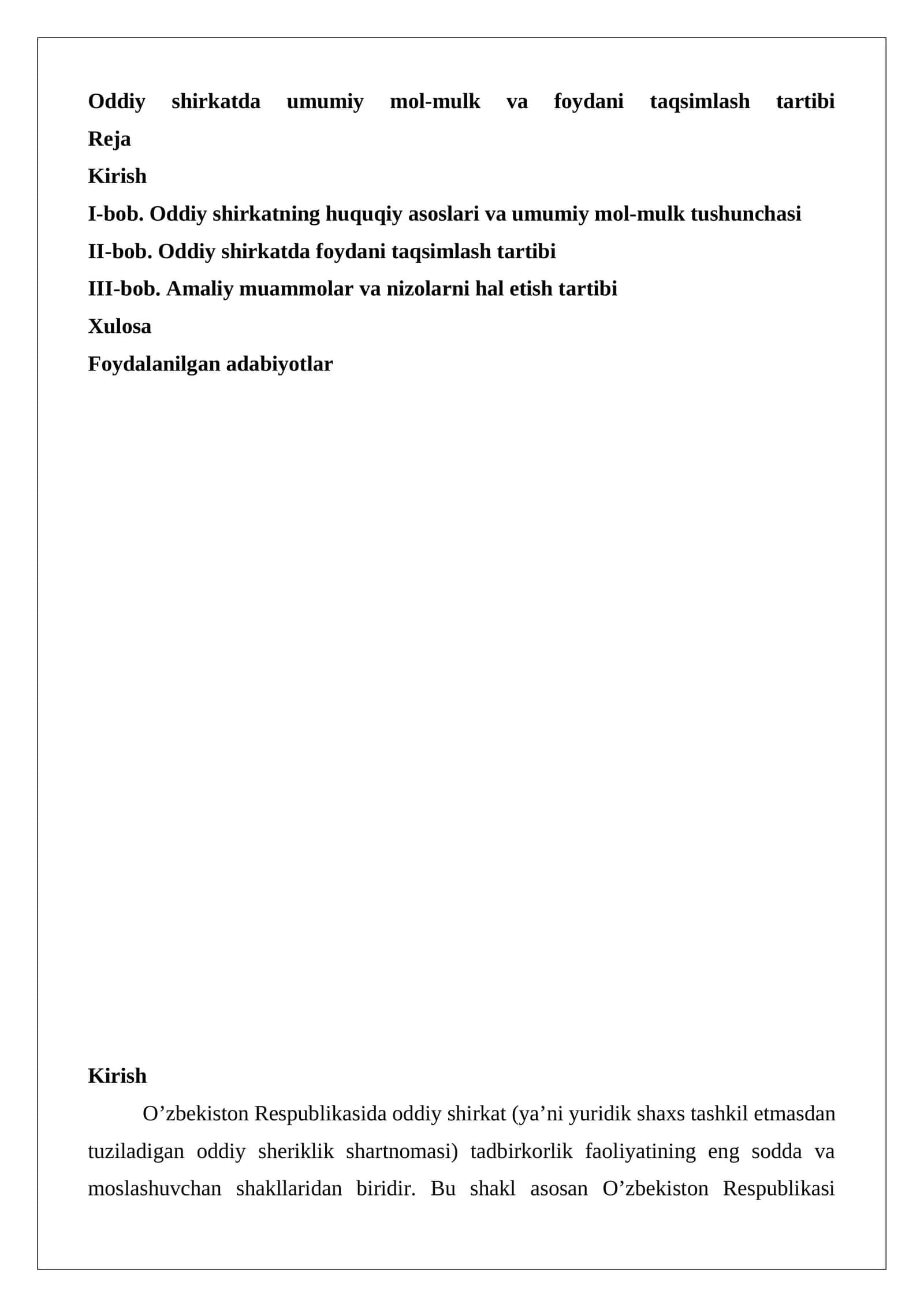 Oddiy shirkatda umumiy mol-mulk va foydani taqsimlash tartibi