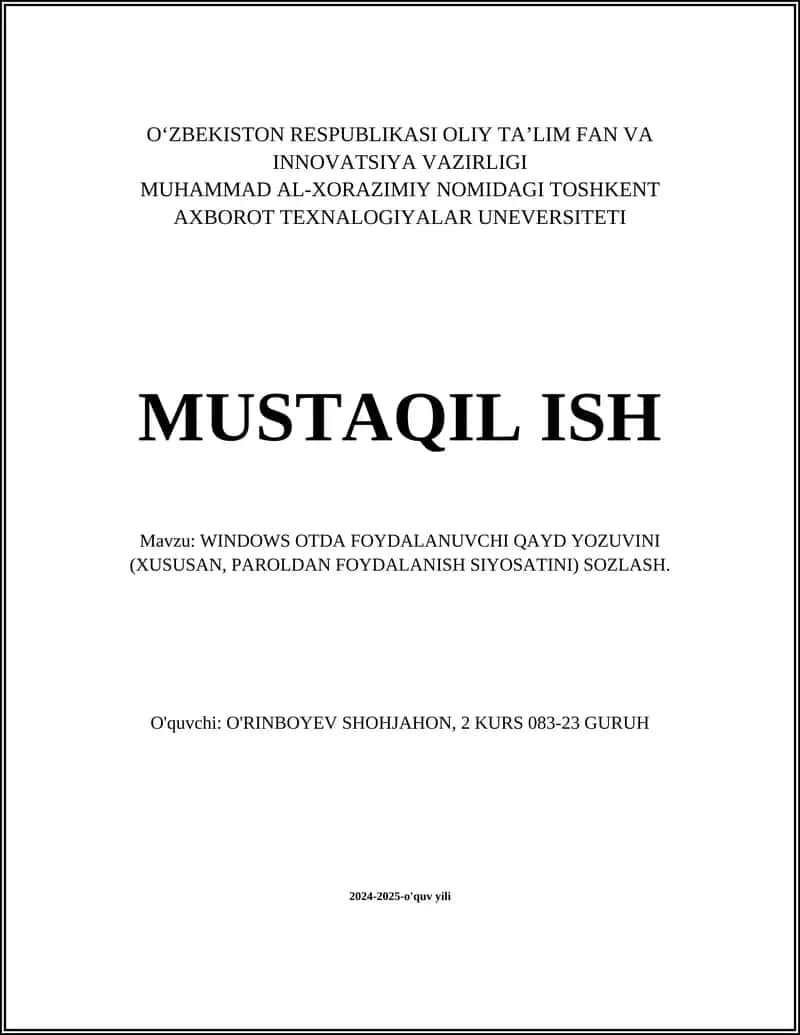 WINDOWS OTDA FOYDALANUVCHI QAYD YOZUVINI (XUSUSAN, PAROLDAN FOYDALANISH SIYOSATINI) SOZLASH