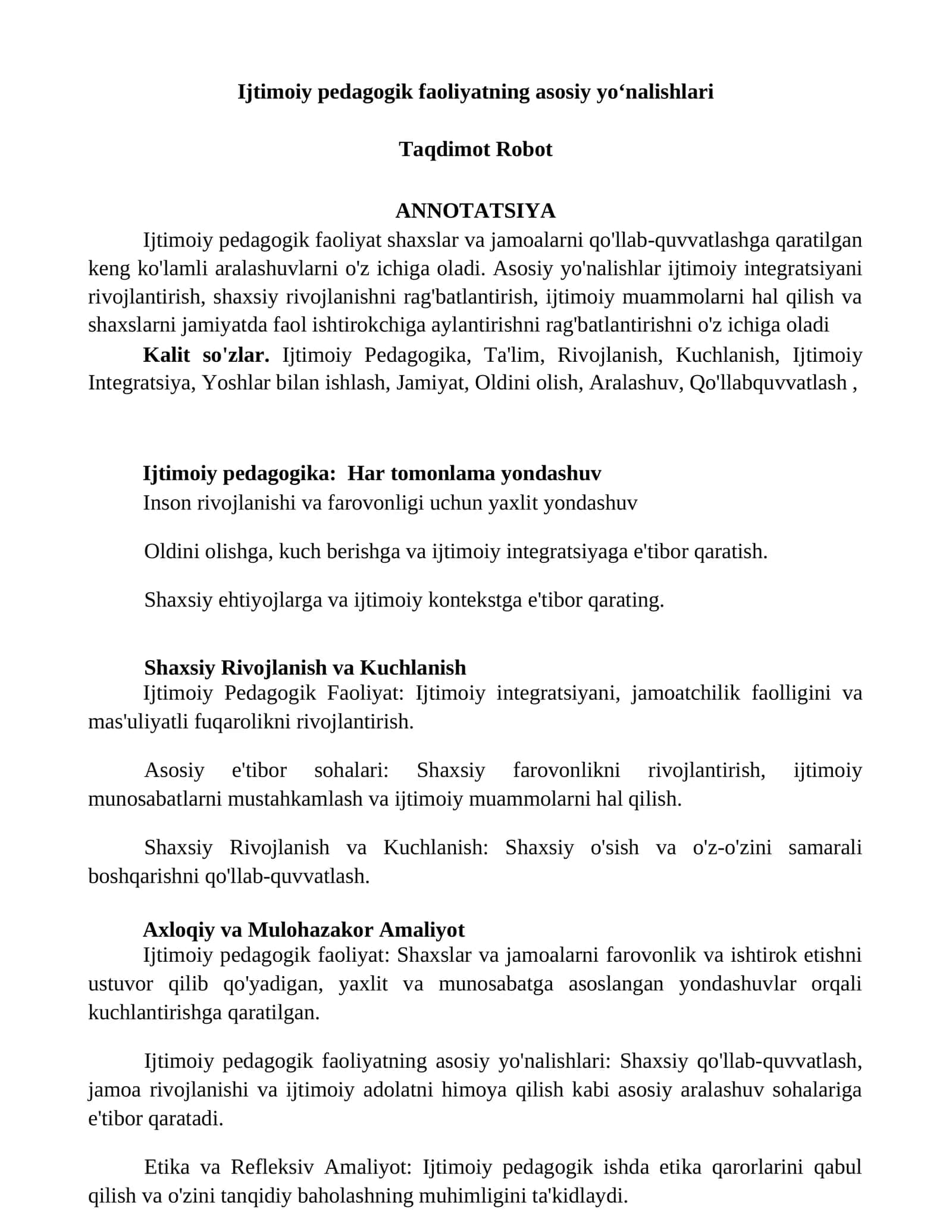 Ijtimoiy pedagogik faoliyatning asosiy yoʻnalishlari