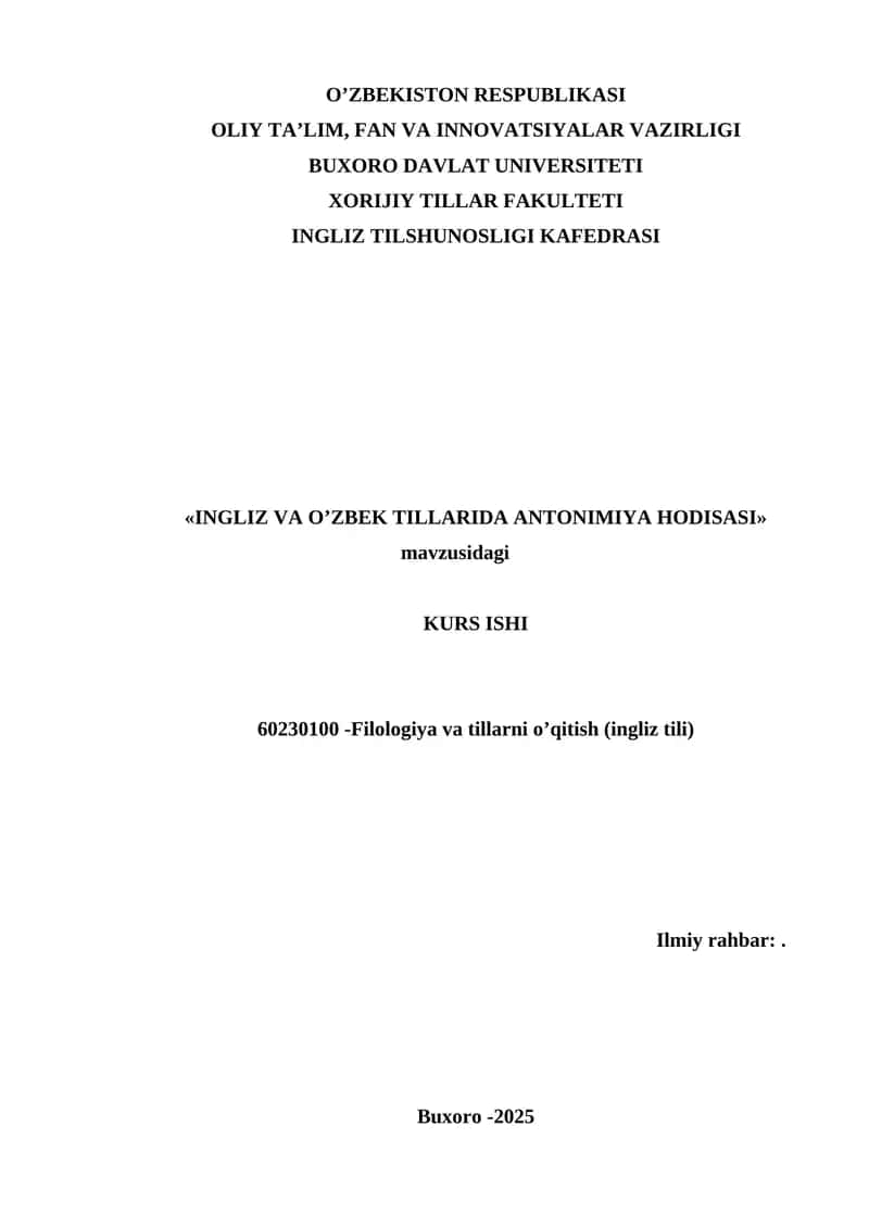 INGLIZ VA O’ZBEK TILLARIDA ANTONIMIYA HODISASI