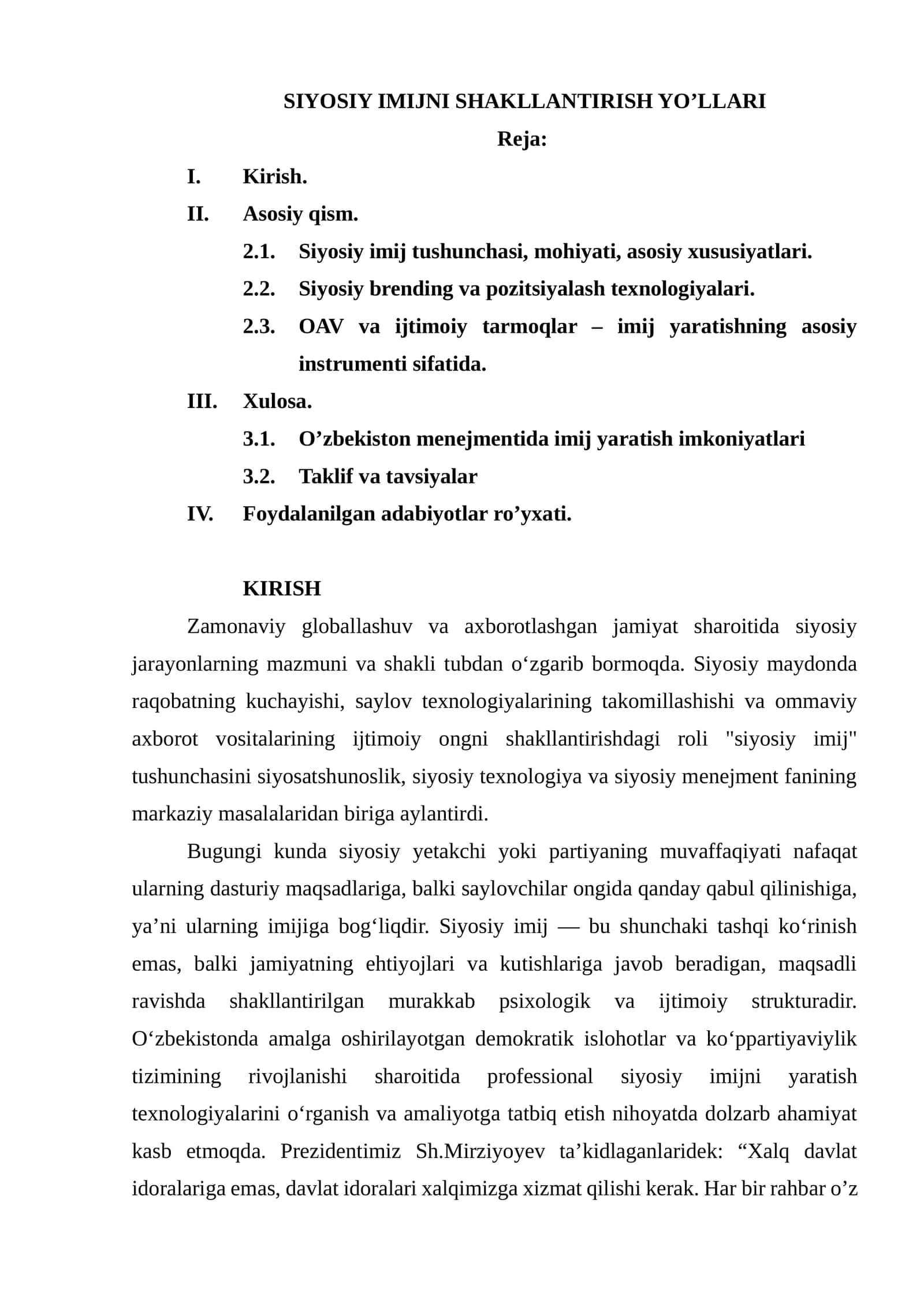 SIYOSIY IMIJNI SHAKLLANTIRISH YO’LLARI