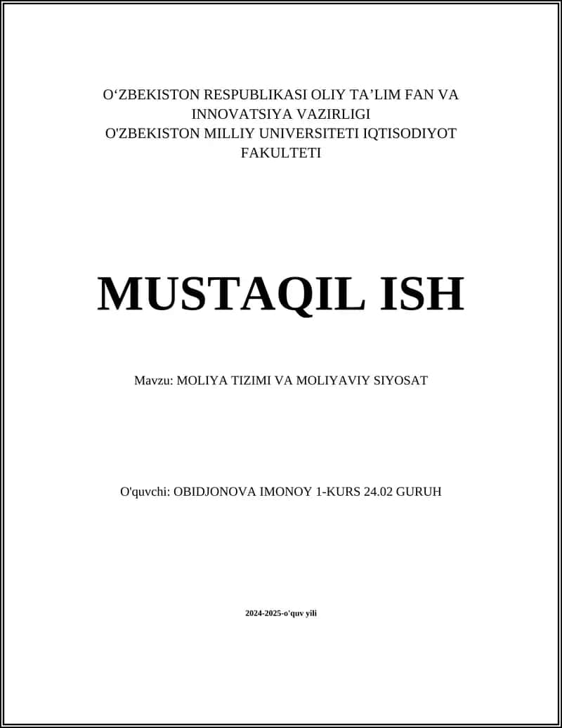 Moliya Tizimi va Maliyaviy Siyosat