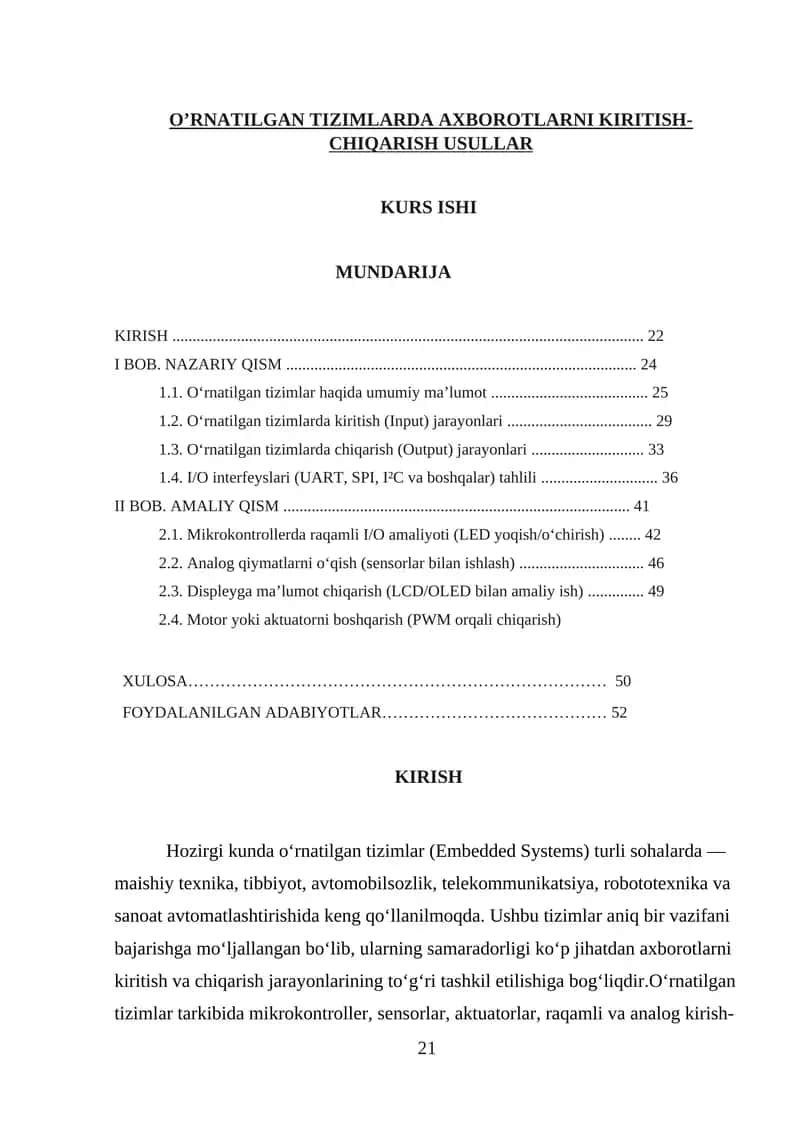 O’RNATILGAN TIZIMLARDA AXBOROTLARNI KIRITISH-CHIQARISH USULLAR KURS ISHI