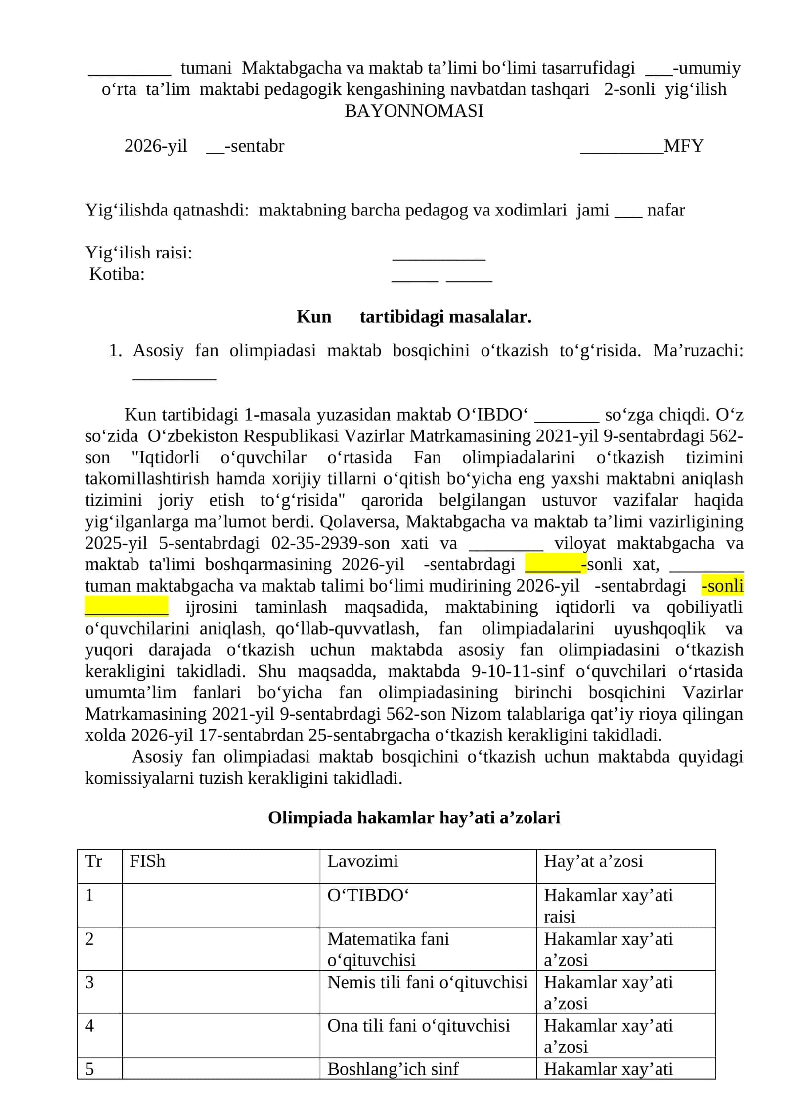Pedkengash bayonnomasi - Asosiy fan olimpiadasi maktab bosqichini o‘tkazish to'g'risida