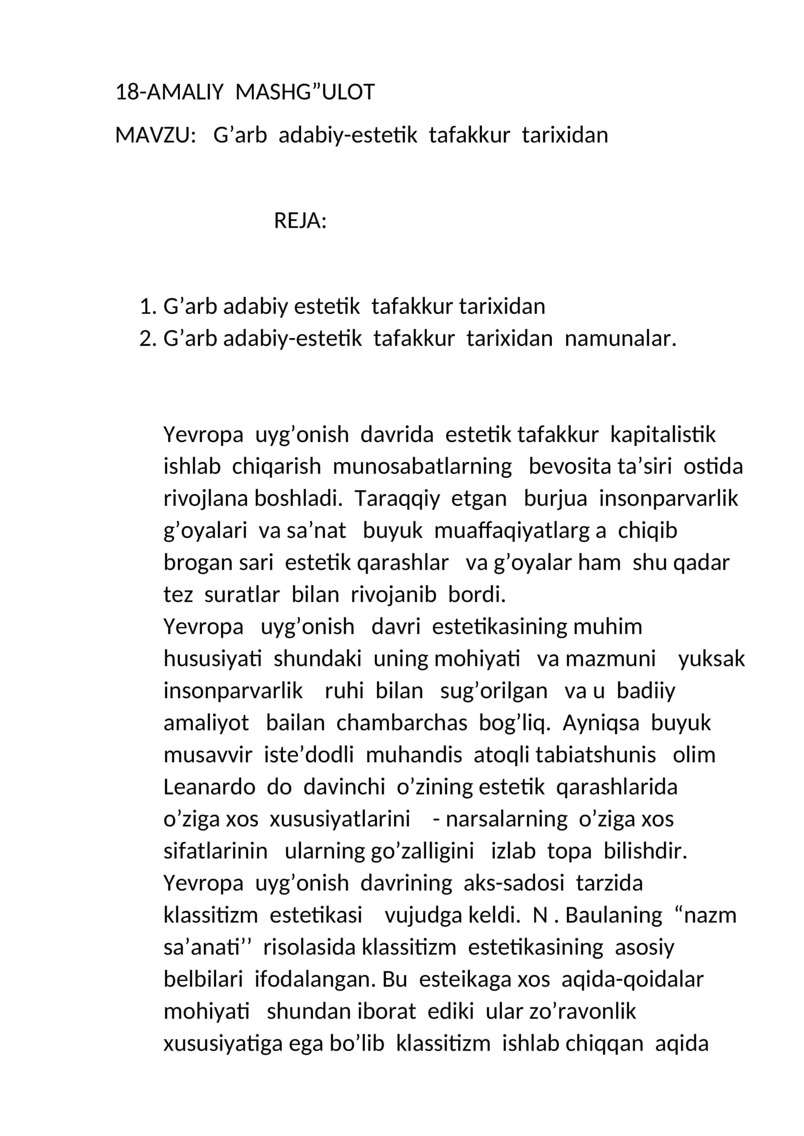 G’arb adabiy-estetik tafakkur tarixidan