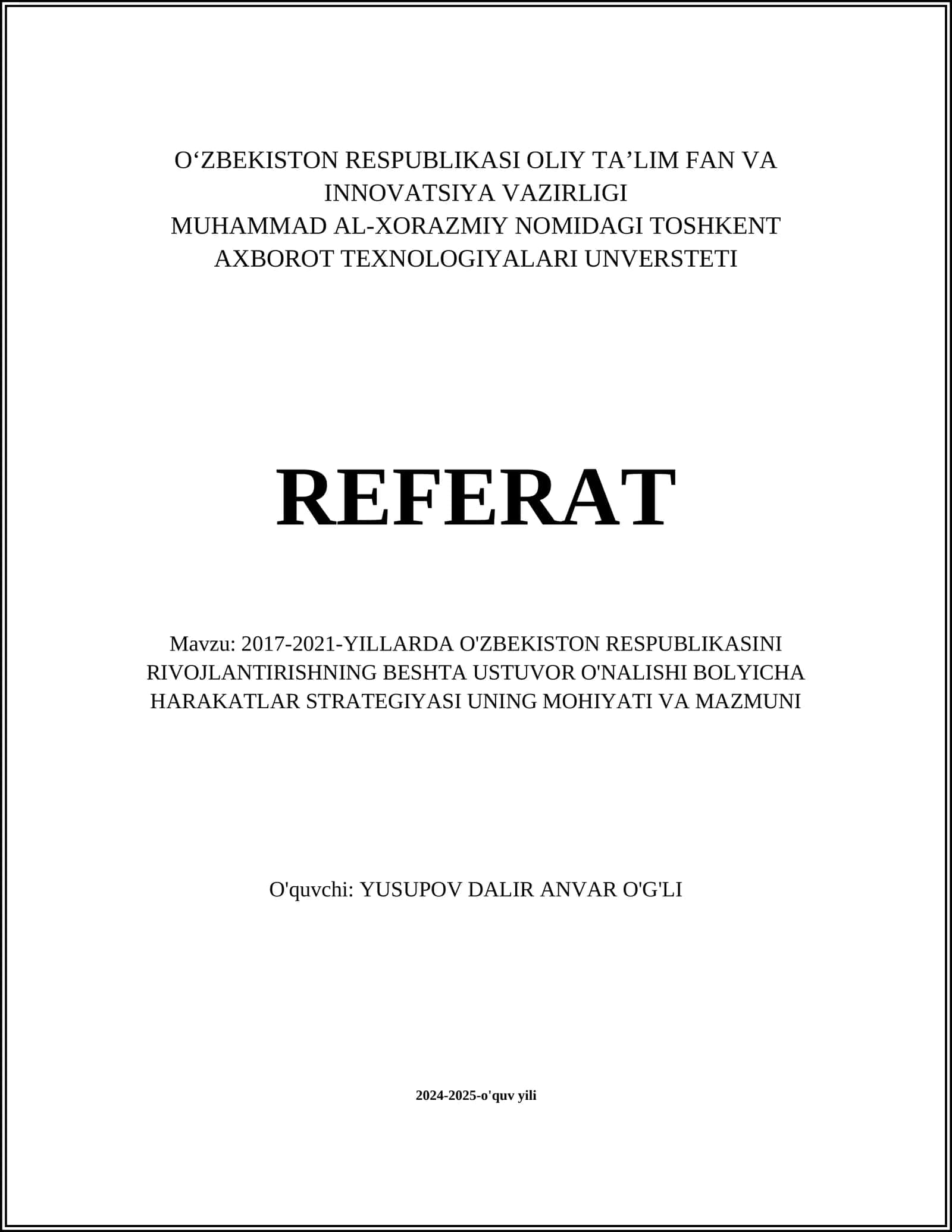 2017-2021-YILLARDA O'ZBEKISTON RESPUBLIKASINI RIVOJLANTIRISHNING BESHTA USTUVOR O'NALISHI BOLYICHA