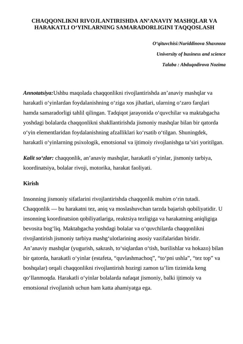 Chaqqonlikni rivojlantirishda an’anaviy mashqlar va harakatli o‘yinlarning samaradorligini taqqoslash