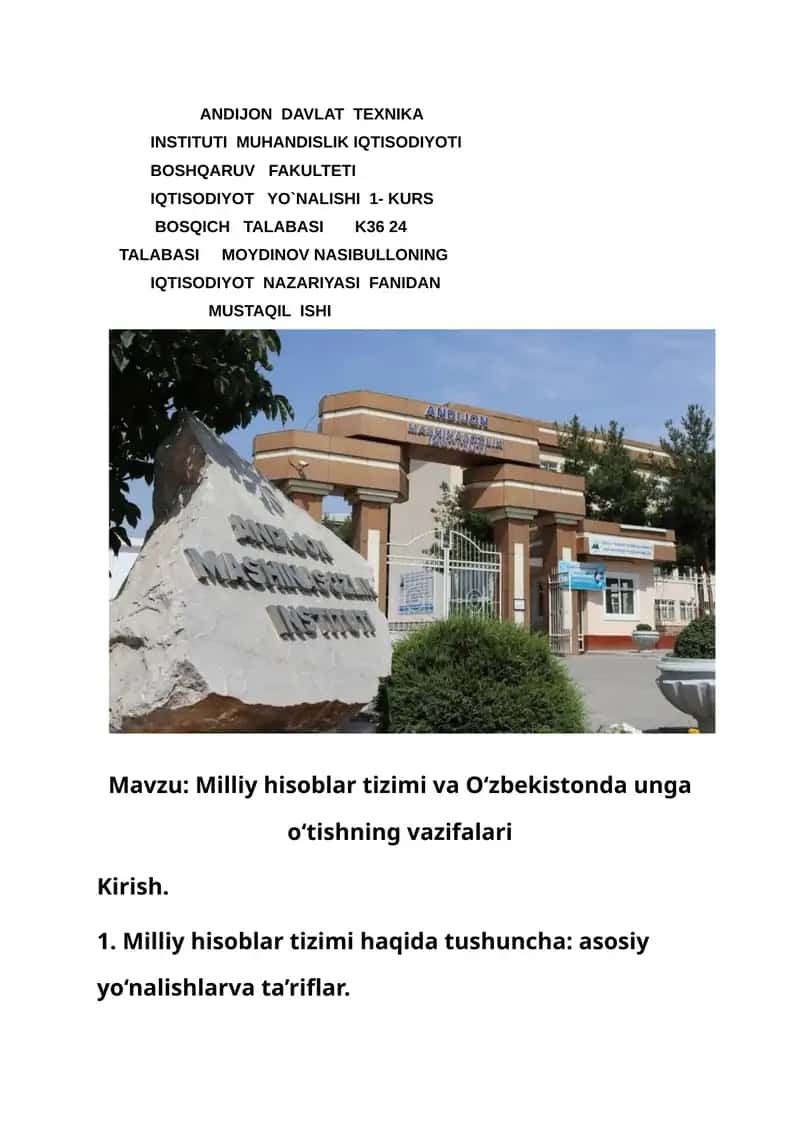 Milliy hisoblar tizimi va O‘zbekistonda unga o‘tishning vazifalari