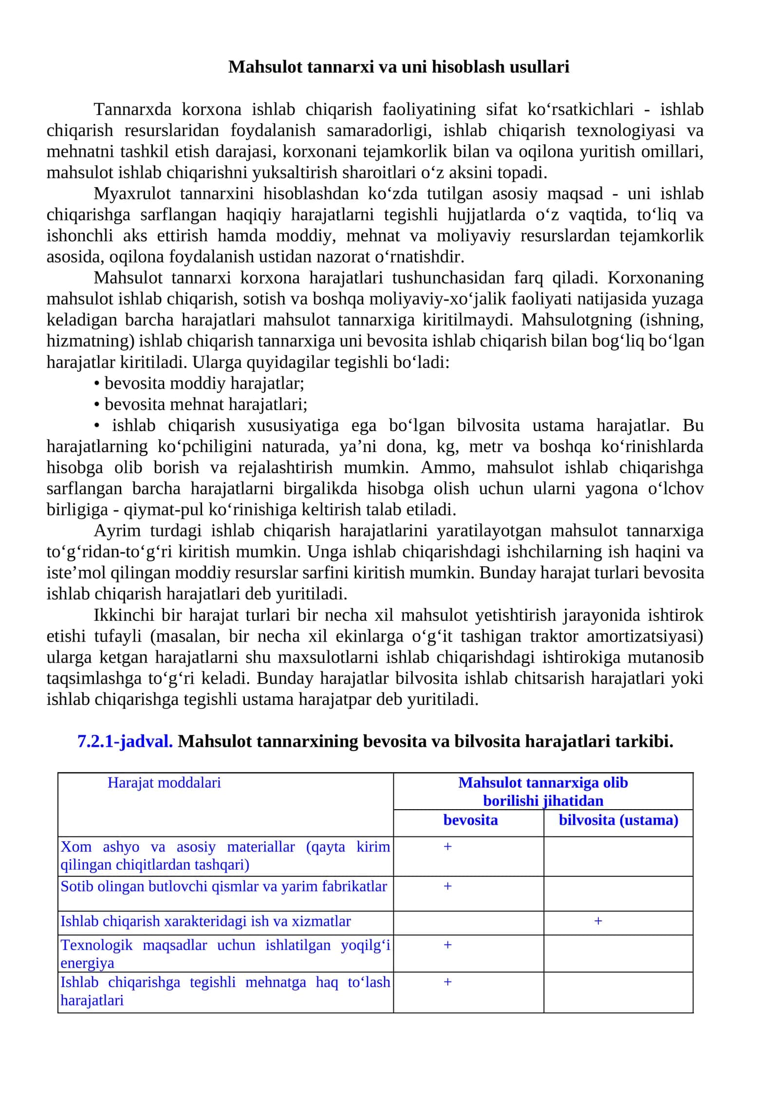 Mahsulot tannarxi va uni hisoblash usullari