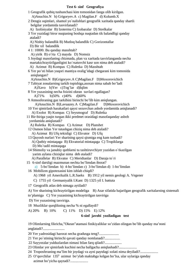 Test 6- sinf Geografiya