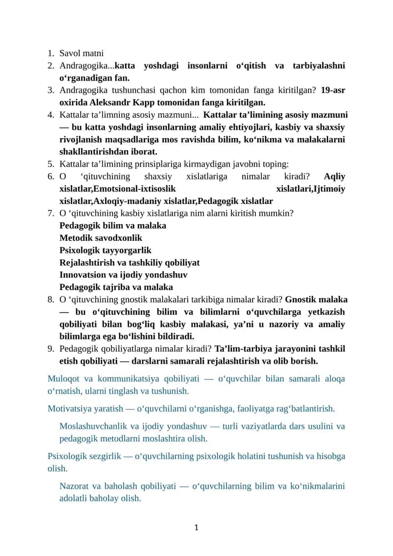 Kattalar ta'limi, prinsiplari va metodikasi