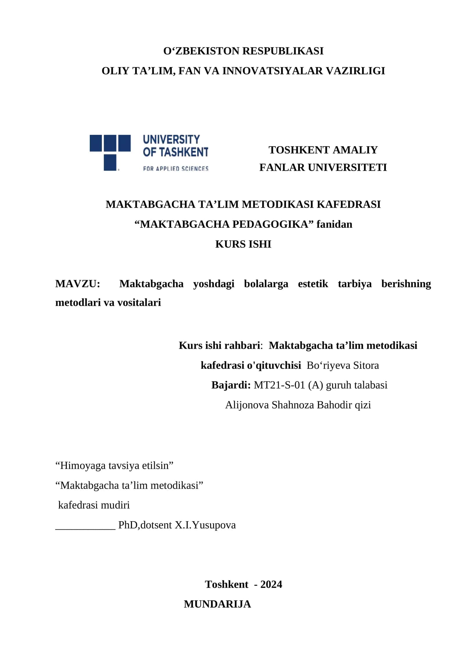 Maktabgacha yoshdagi bolalarga estetik tarbiya berishning metodlari va vositalari