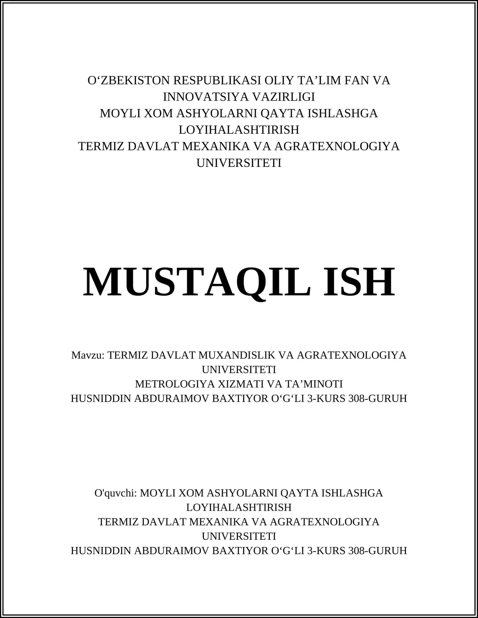 TERMIZ DAVLAT MUXANDISLIK VA AGRATEXNOLOGIYA UNIVERSITETI