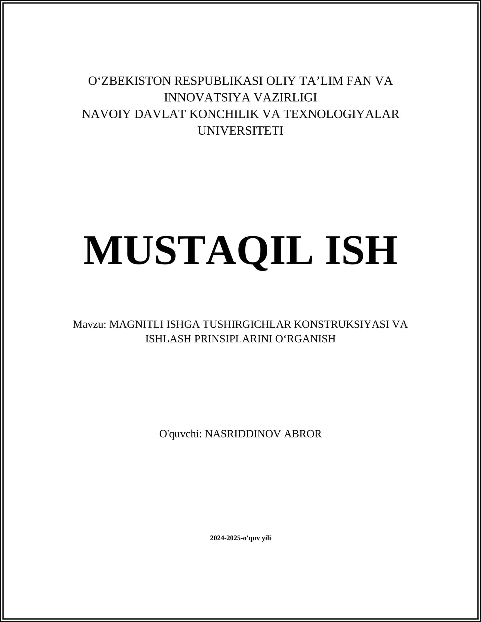 MAGNITLI ISHGA TUSHIRGICHLAR KONSTRUKSIYASI VA ISHLASH PRINSIPLARINI O‘RGANISH