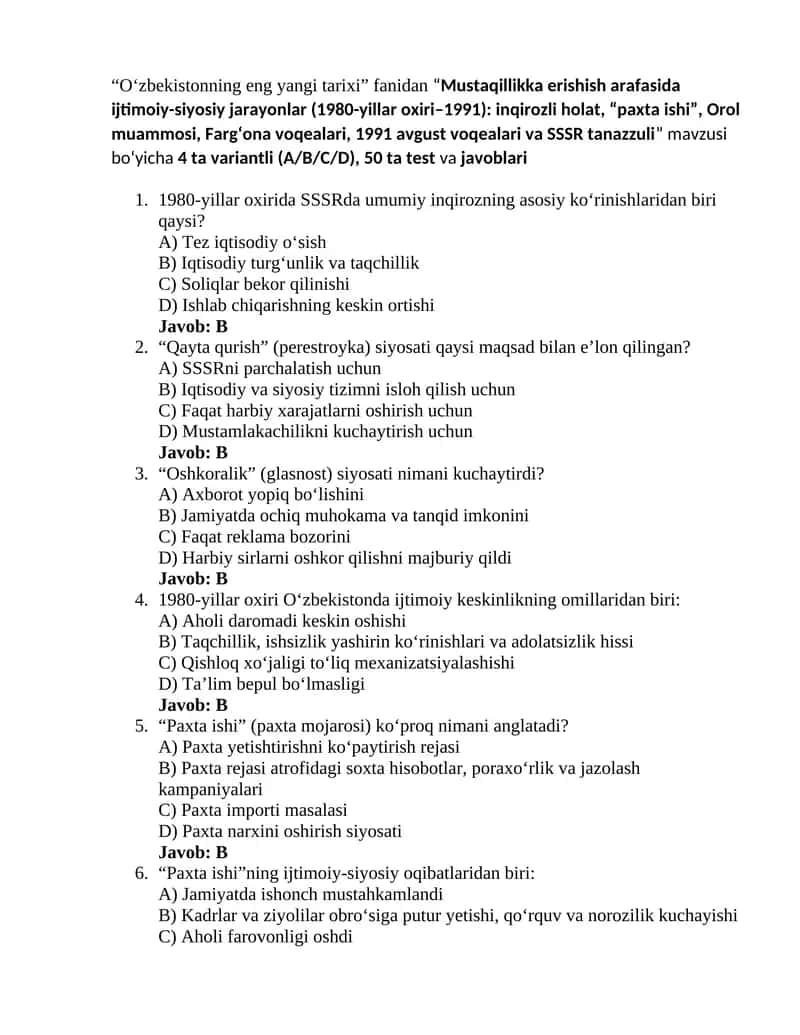 Oʻzbekistonning eng yangi tarixi 3-test