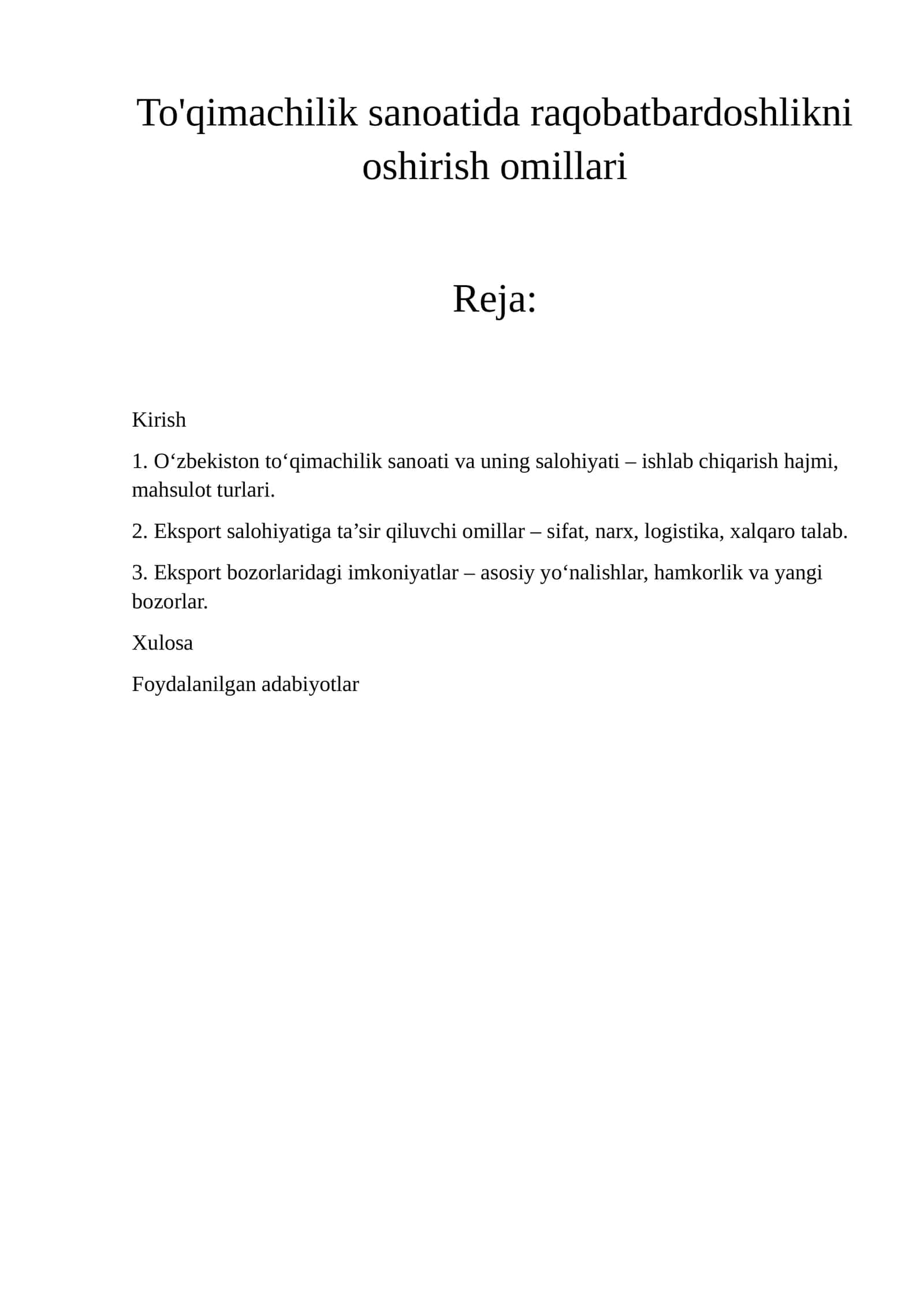 To'qimachilik sanoatida raqobatbardoshlikni oshirish omillari