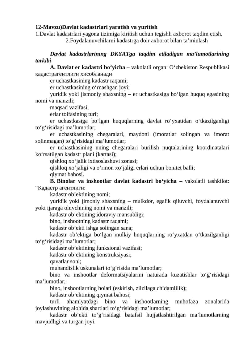 Davlat kadastrlari yaratish va yuritish