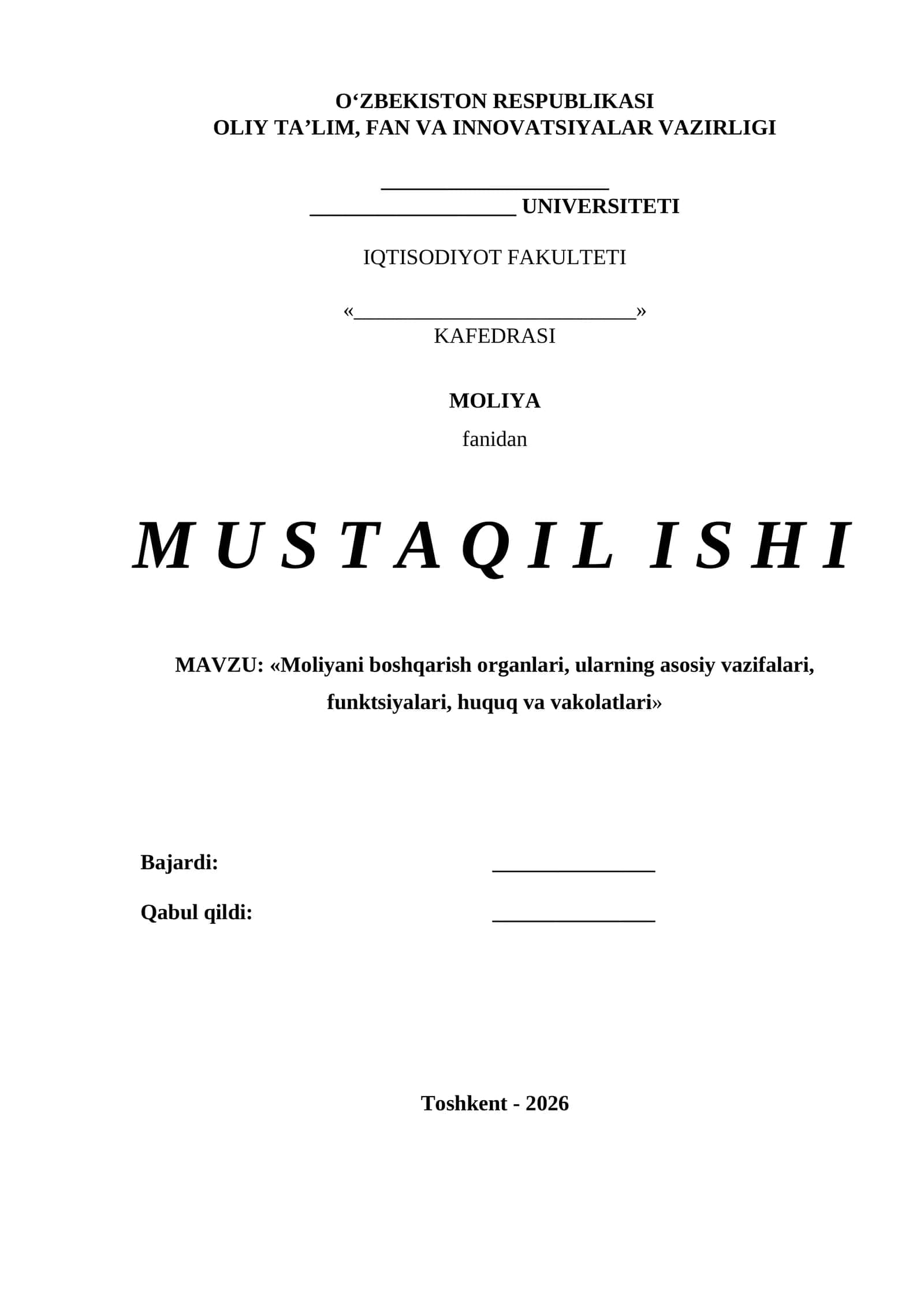 Moliyani boshqarish organlari, ularning asosiy vazifalari, funktsiyalari, huquq va vakolatlari