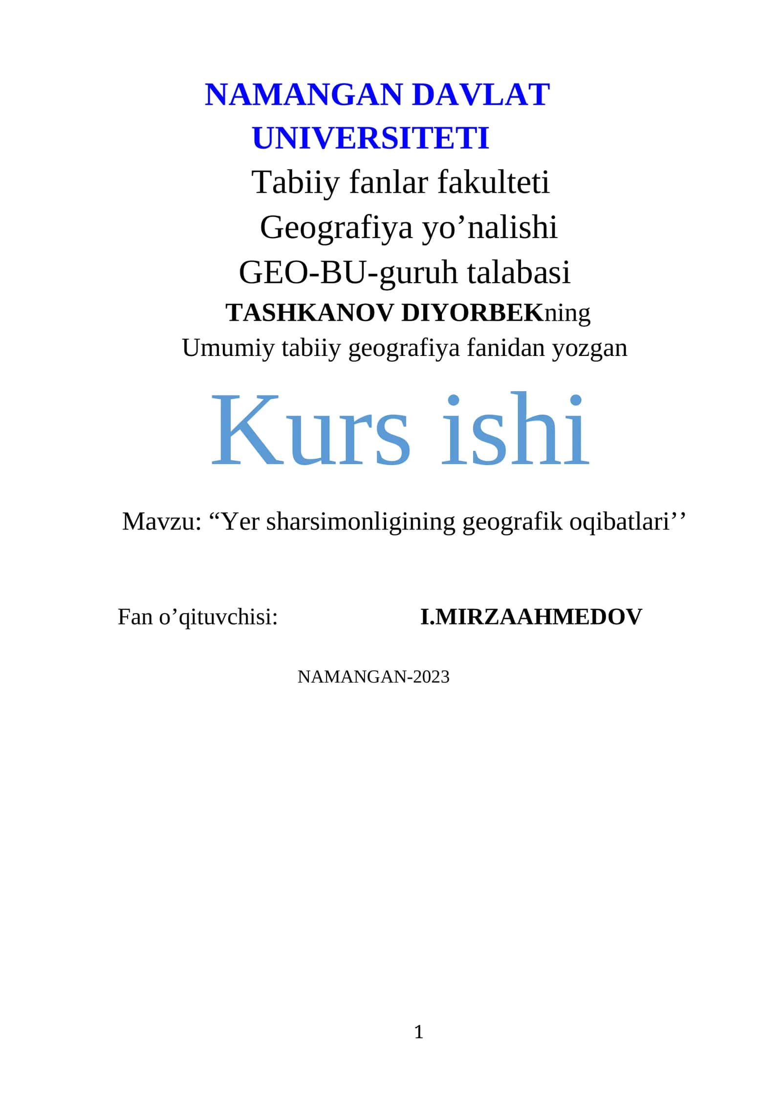 Umumiy tabiiy geografiya fanidan yozgan kurs ishi