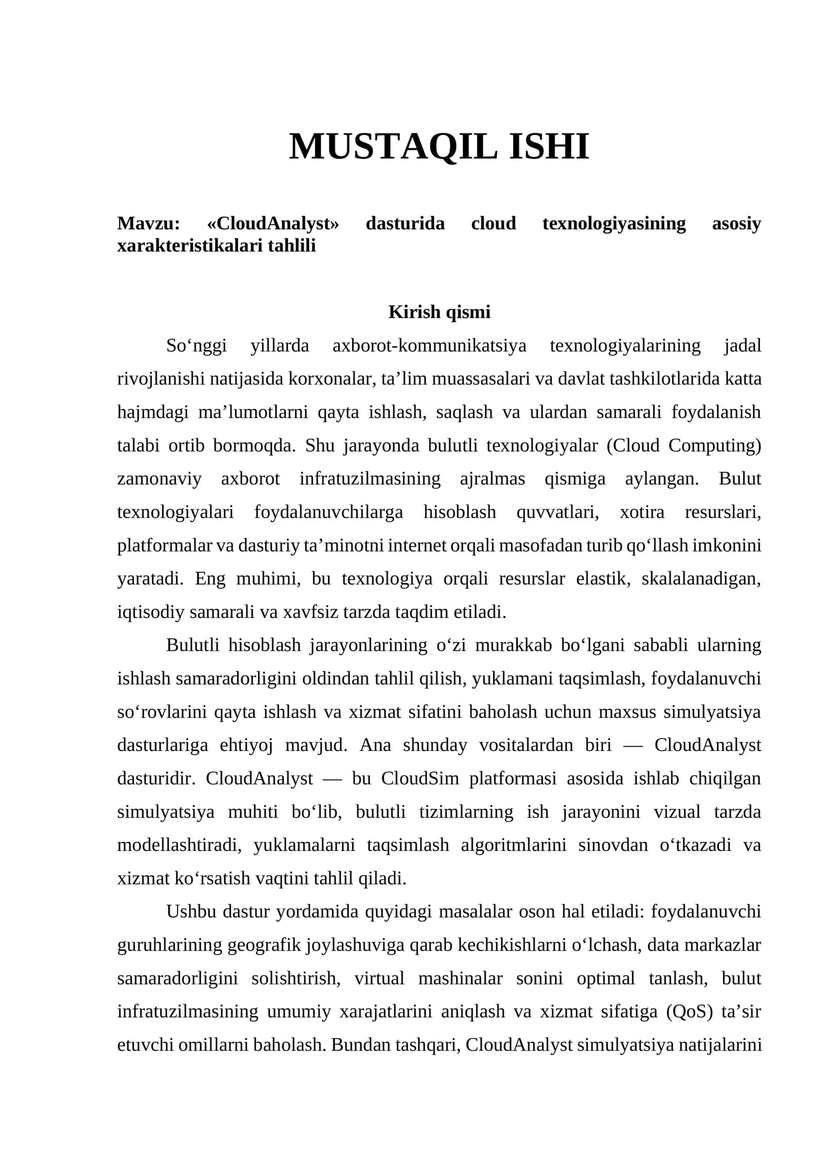 «CloudAnalyst» dasturida cloud texnologiyasining asosiy xarakteristikalari