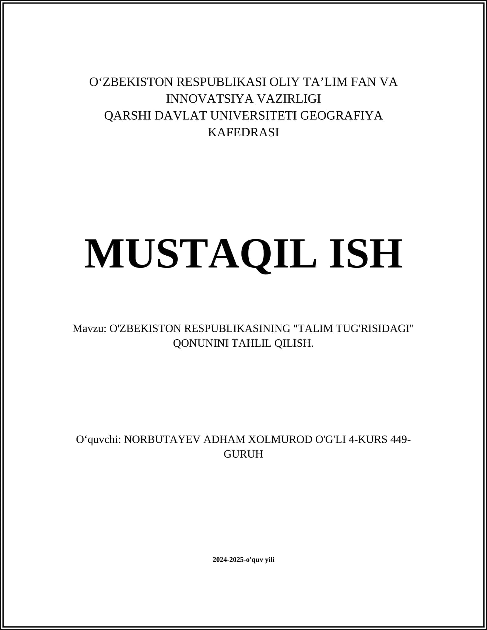 O‘zbekiston Respublikasining "Talim tug'risidagi" Qonunini Tahlil Qilish