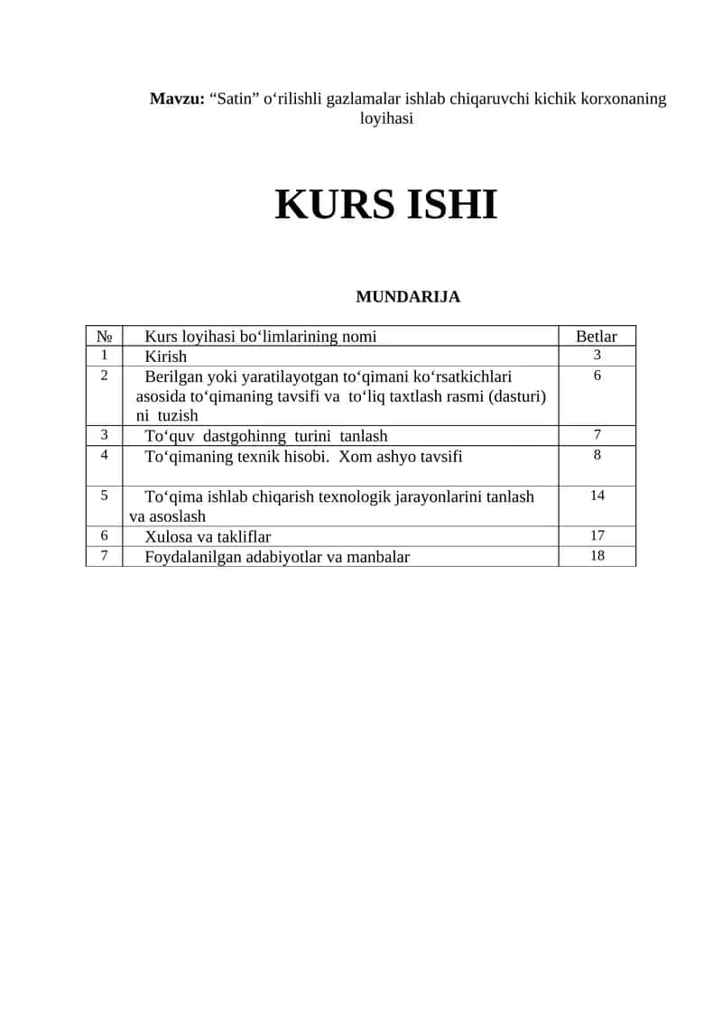 “Satin” o‘rilishli gazlamalar ishlab chiqaruvchi kichik korxonaning loyihasi