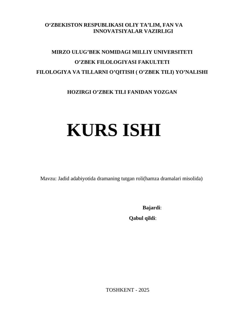 Jadid adabiyotida dramaning tutgan roli(hamza dramalari misolida)