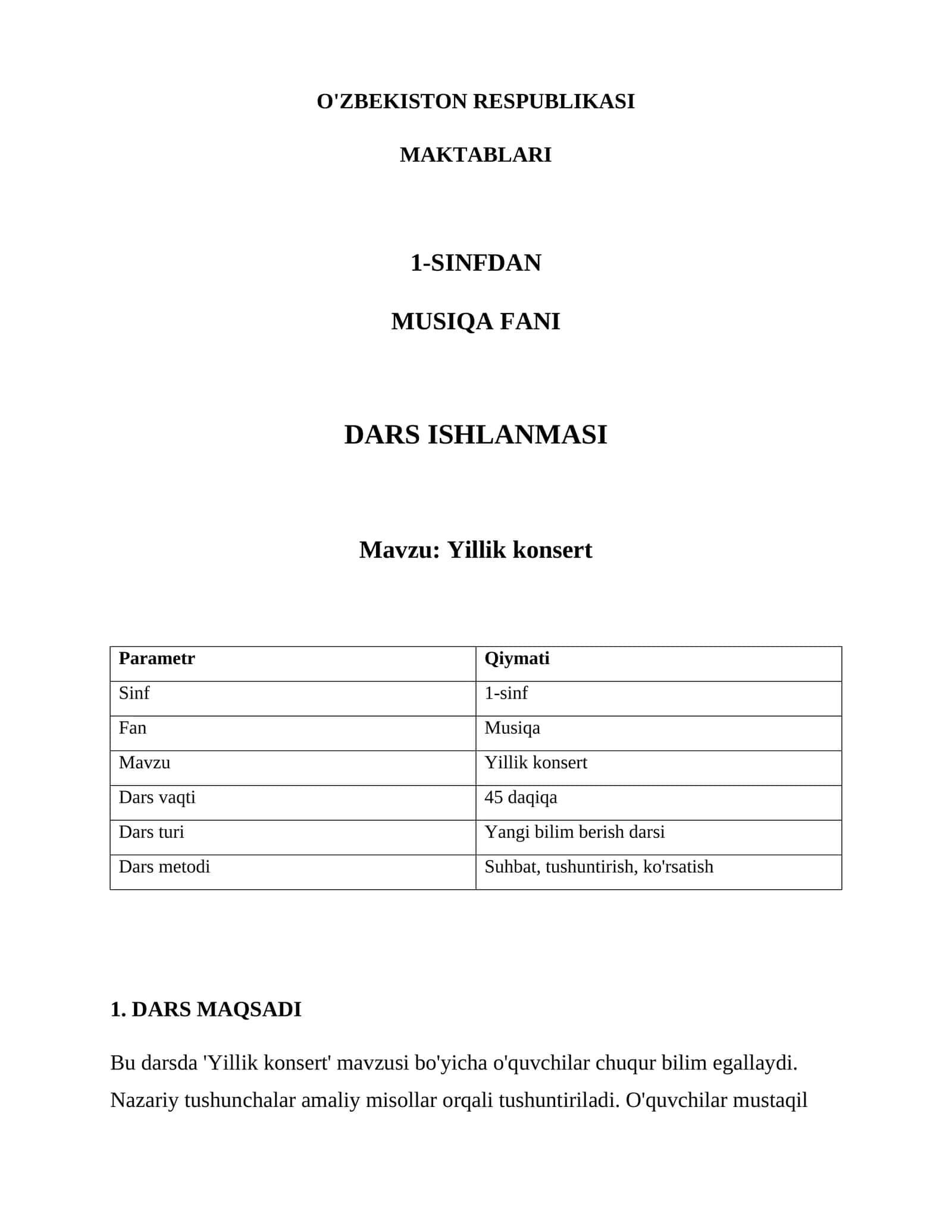 Yillik konsert - Musiqa fani dars ishlanmasi