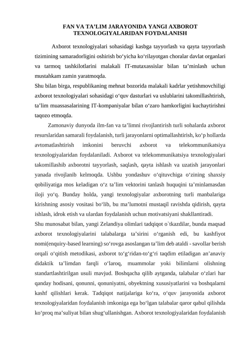 Fan va ta’lim jarayonida yangi axborot texnologiyalaridan foydalanish