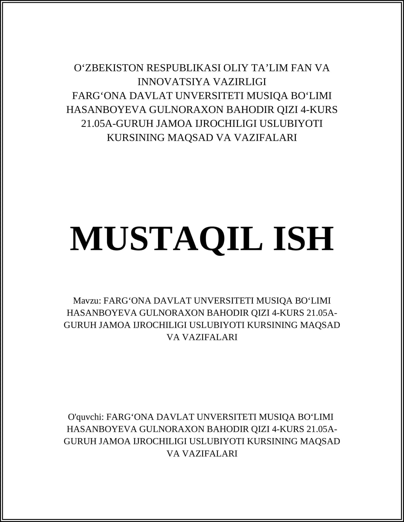 JAMOA IJROCHILIGI USLUBIYOTI KURSINING MAQSAD VA VAZIFALARI