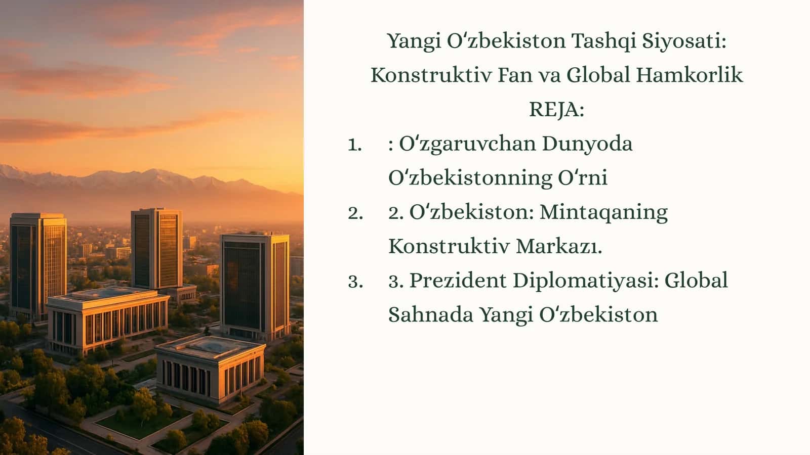 Yangi Oʻzbekiston Tashqi Siyosati: Konstruktiv Fan va Global Hamkorlik