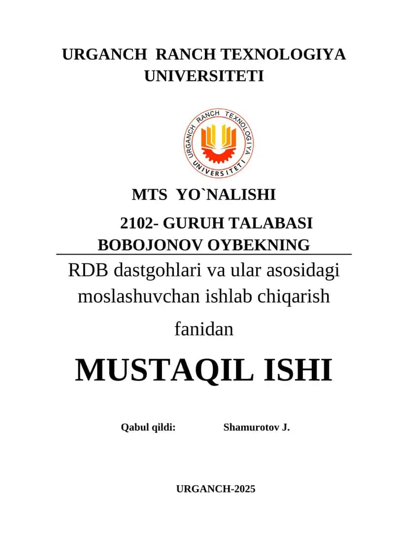 RDB dastgohlari va ular asosidagi moslashuvchan ishlab chiqarish