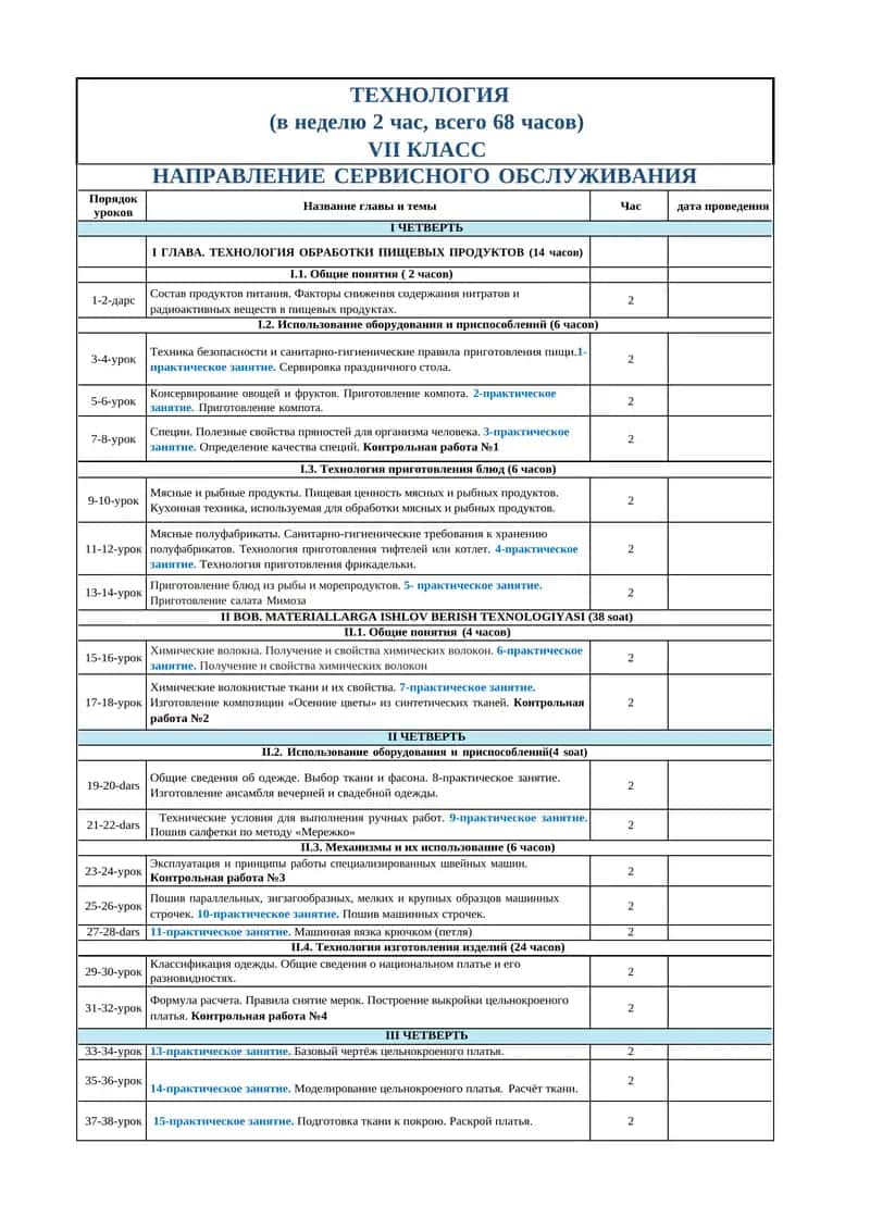 TEXНОЛОГИЯ VII КЛАСС НАПРАВЛЕНИЕ СЕРВИСНОГО ОБСЛУЖИВАНИЯ