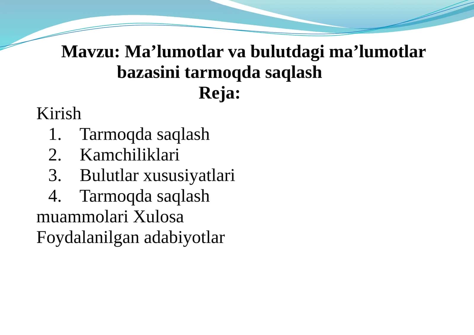 Ma’lumotlar va bulutdagi ma’lumotlar bazasini tarmoqda saqlash