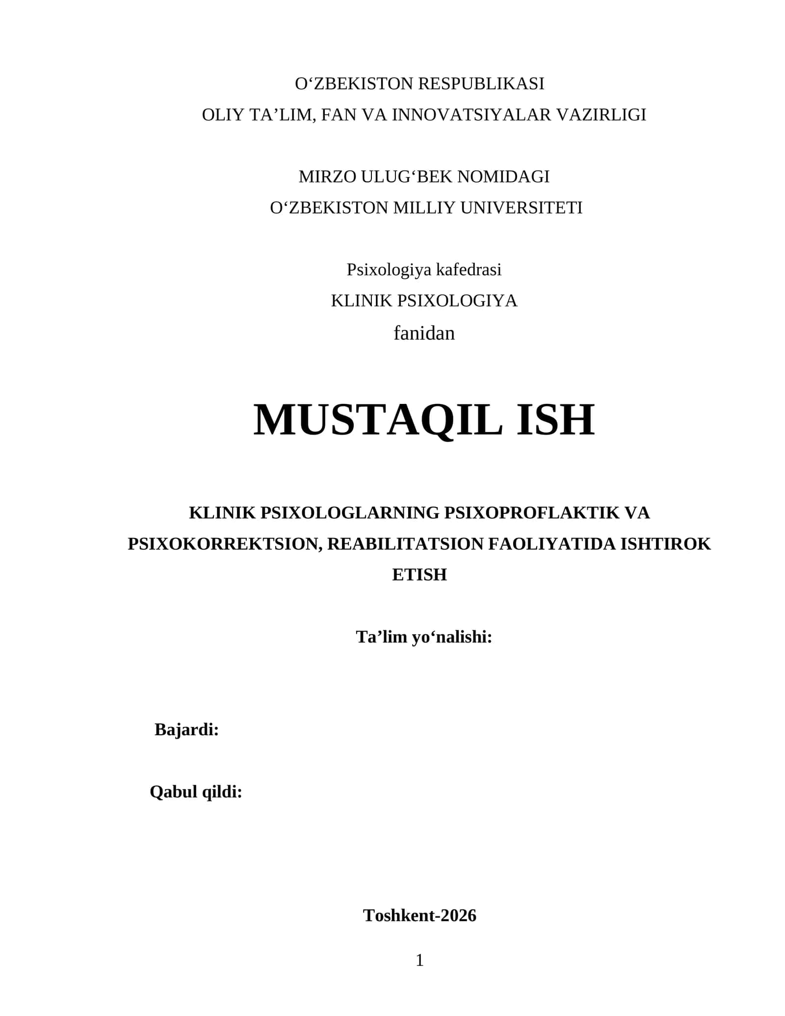 KLINIK PSIXOLOGLARNING PSIXOPROFLAKTIK VA PSIXOKORREKTSION, REABILITATSION FAOLIYATIDA ISHTIROK ETISH