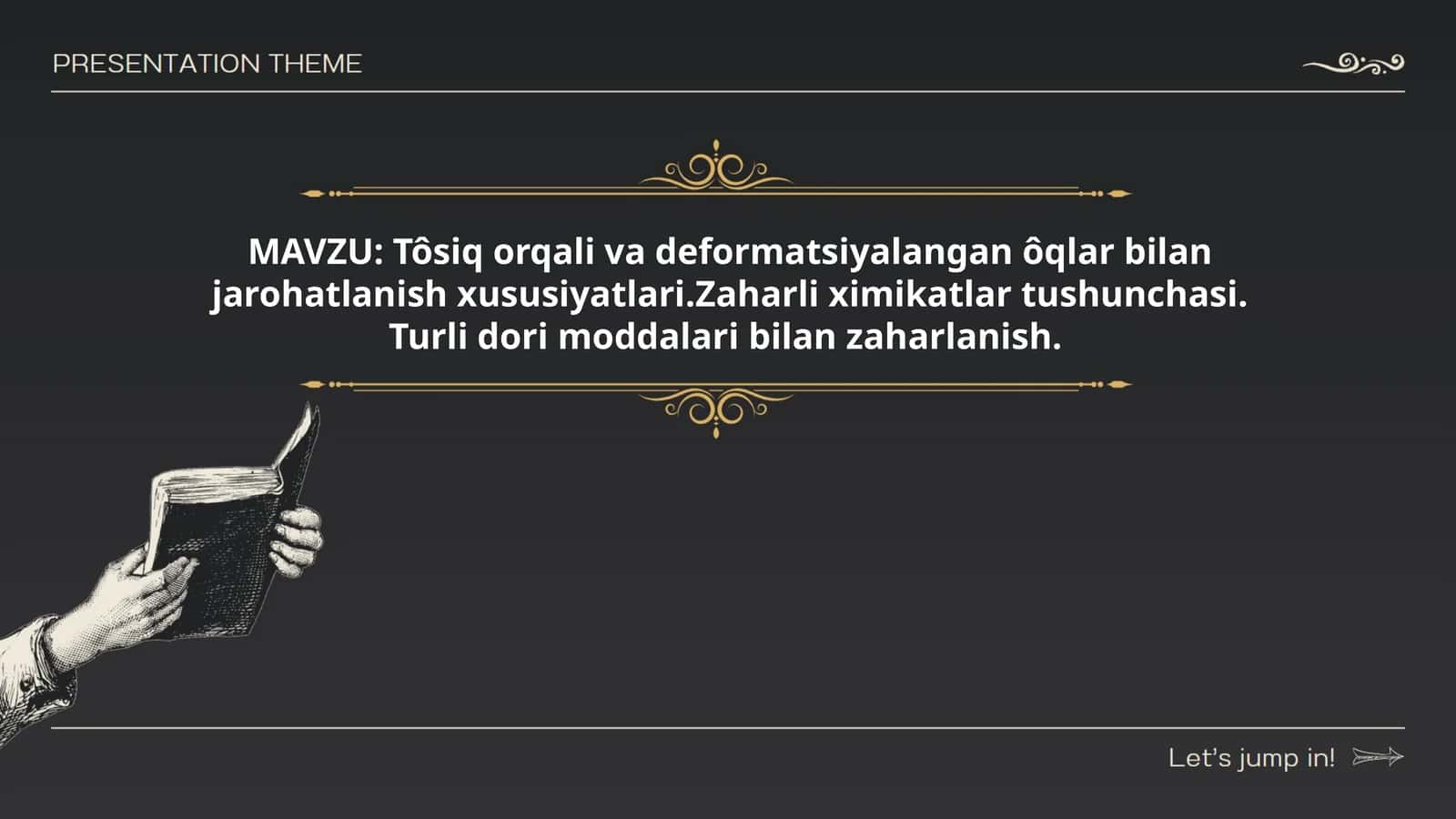 Tôsiq orqali va deformatsiyalangan ôqlar bilan jarohatlanish xususiyatlari.Zaharli ximikatlar tushunchasi. Turli dori moddalari bilan zaharlanish.Ôz R,,Fuqarolar soğliğini saqlash tôğrisidagai" Qonun