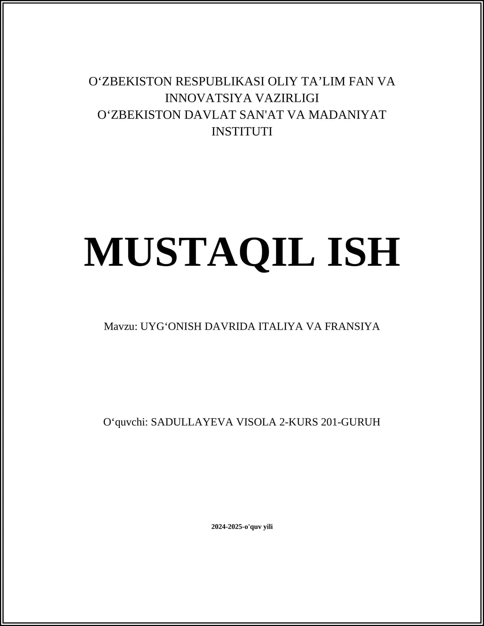 UYGʻONISH DAVRIDA ITALIYA VA FRANSIYA