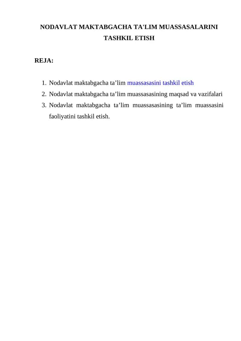 Nodavlat maktabgacha ta'lim muassasalarini tashkil etish