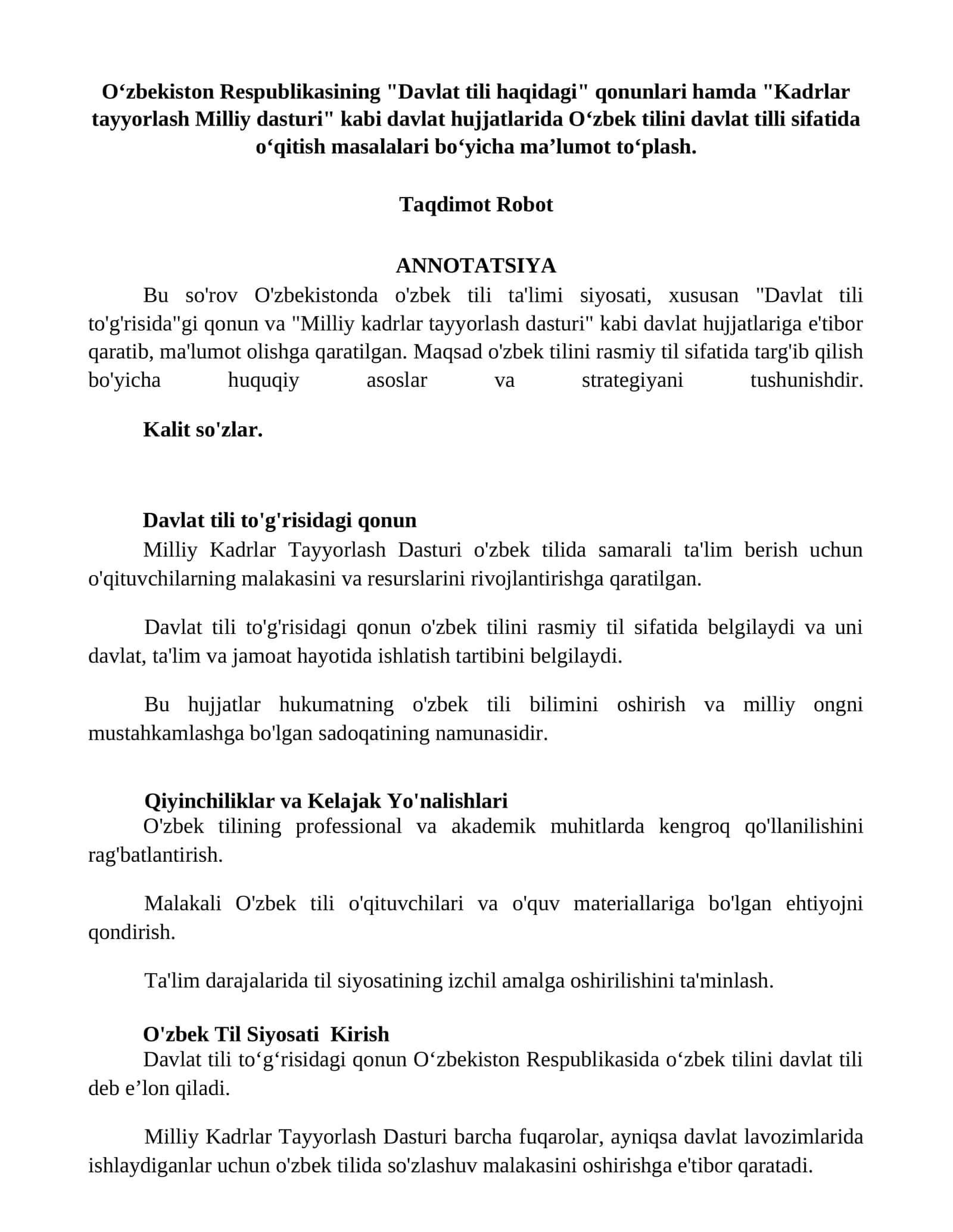 Davlat Tili Haqida Ma'lumotlar