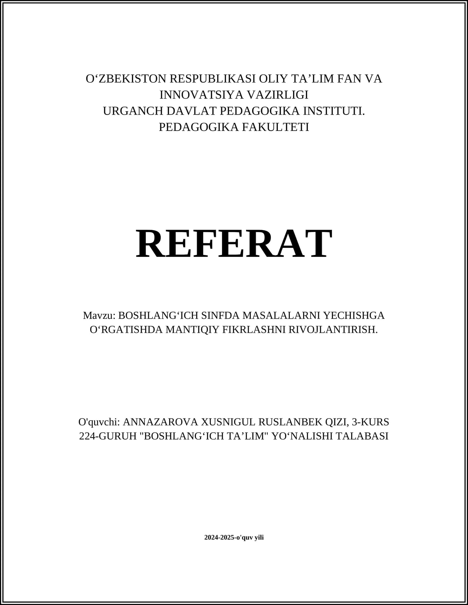 Boshlangʻich sinflarda mantiqiy fikrlashning ahamiyati