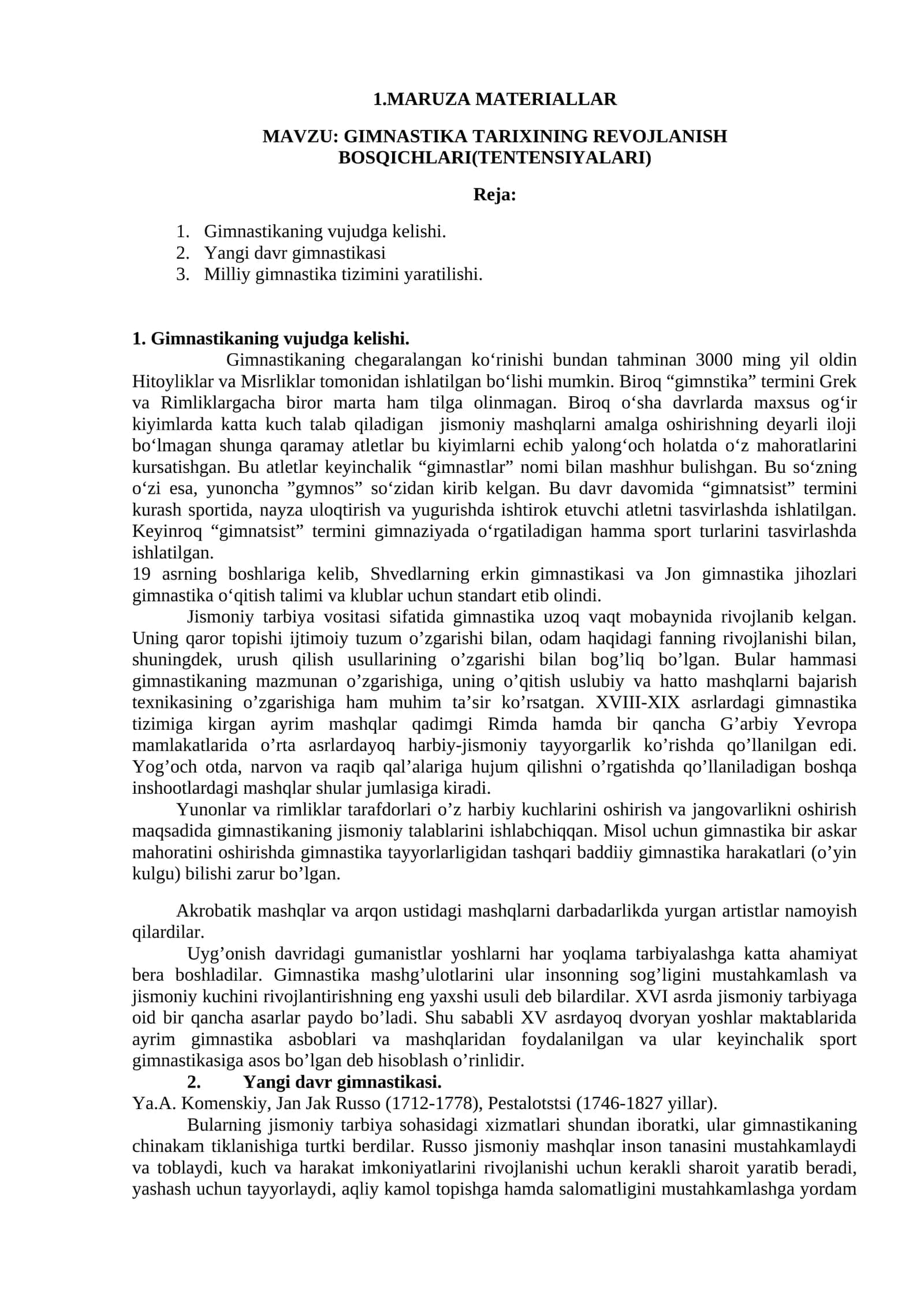 GIMNASTIKA TARIXINING REVOJLANISH BOSQICHLARI(TENTENSIYALARI)