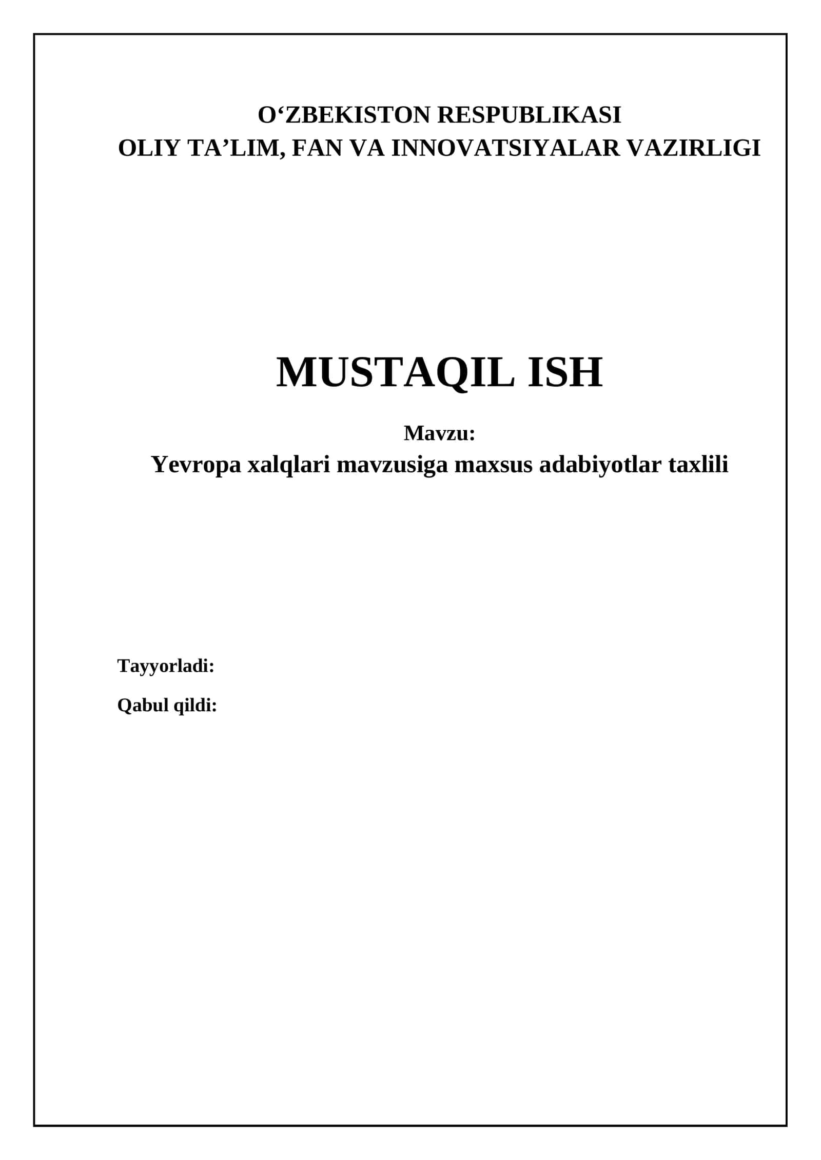 Yevropa xalqlari mavzusiga maxsus adabiyotlar taxlili