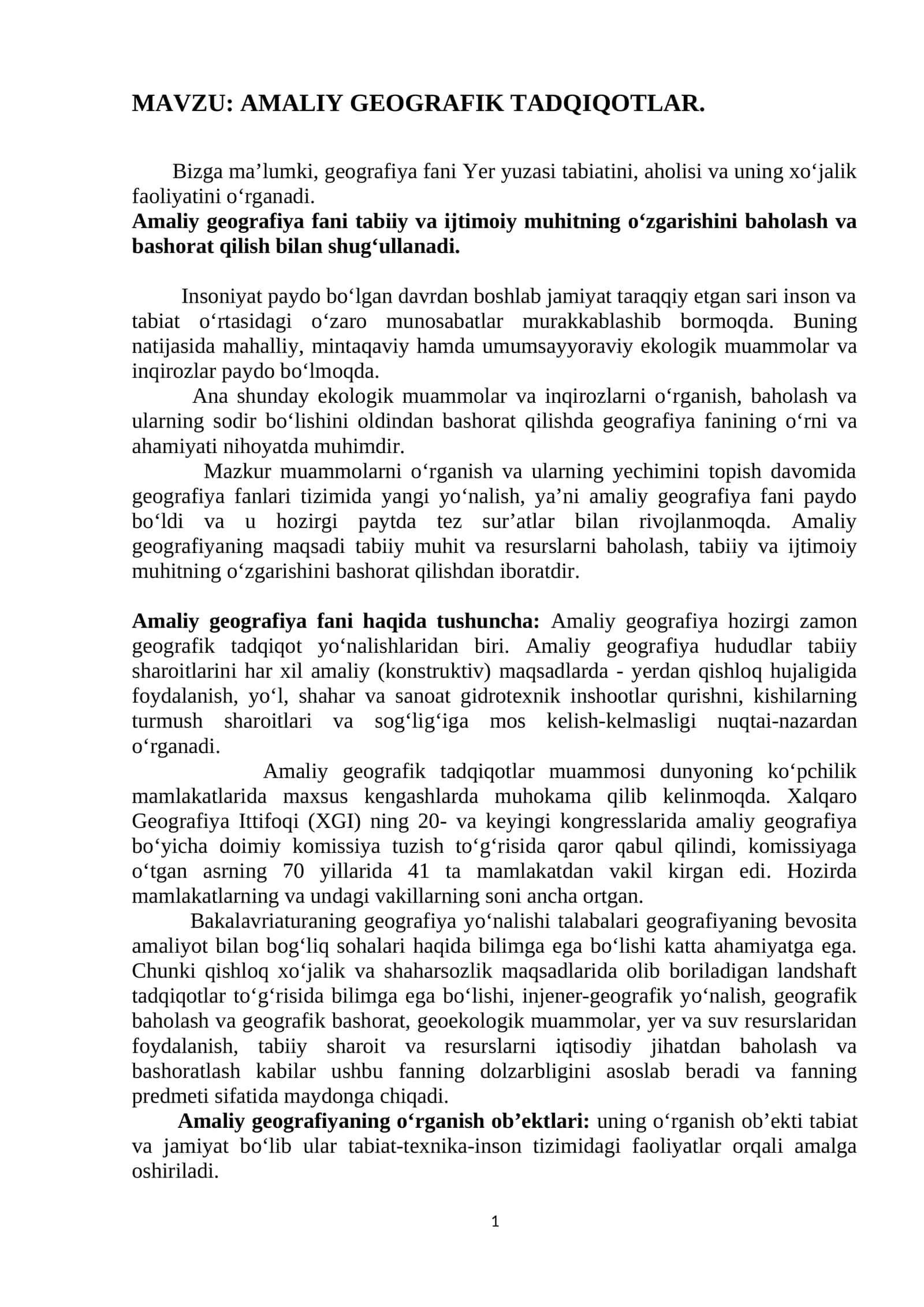 AMALIY GEOGRAFIK TADQIQOTLAR