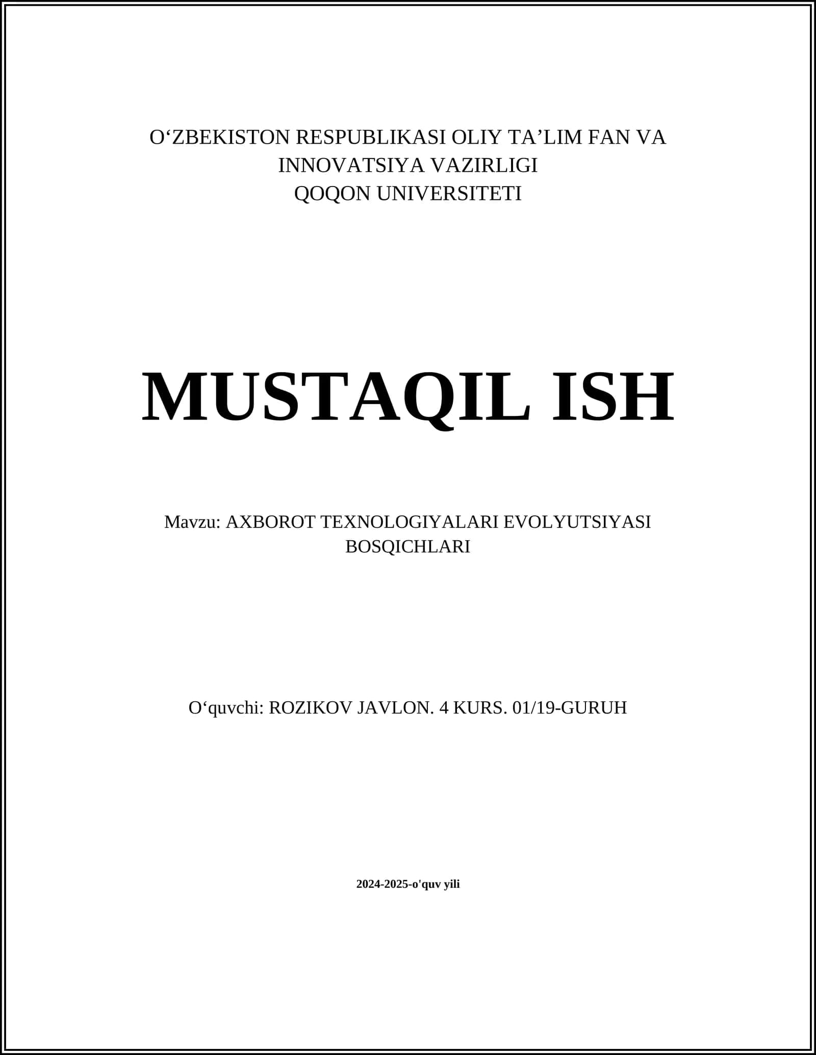 AXBOROT TEXNOLOGIYALARI EVOLYUTSIYASI BOSQICHLARI