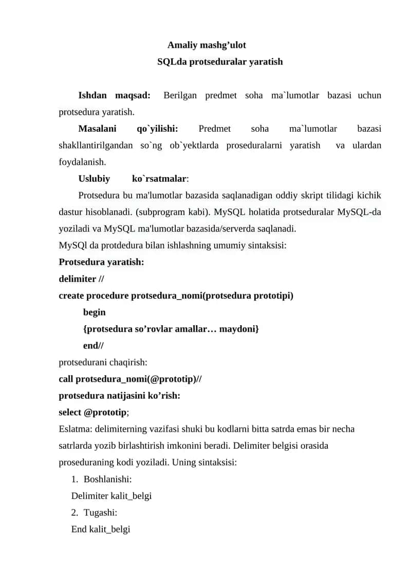 SQLda protseduralar yaratish