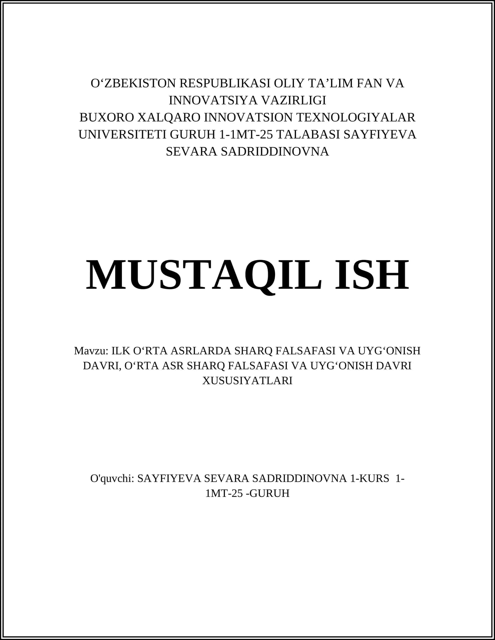 ILK OʻRTA ASRLARDA SHARQ FALSAFASI VA UYGʻONISH DAVRI
