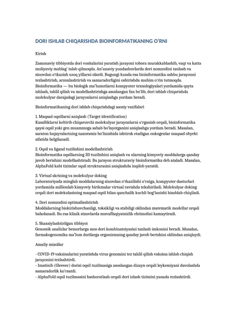 Dori ishlab chiqarishda Bioinformatikaning o‘rni