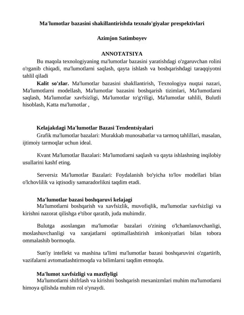 Ma'lumotlar bazasini shakillantirishda texnalo'giyalar prespektivlari