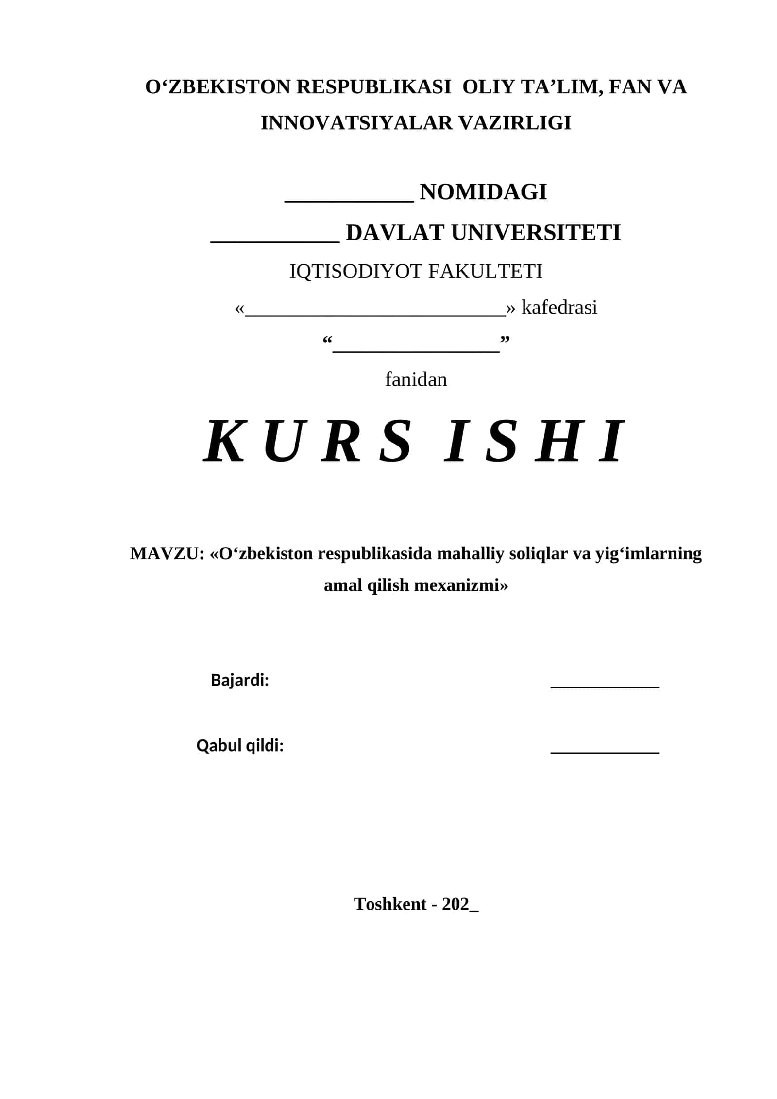 Oʻzbekiston respublikasida mahalliy soliqlar va yigʻimlarning amal qilish mexanizmi